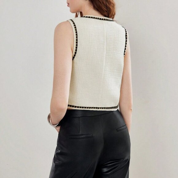 Beige Elegant Women's Tweed Summer Contrast Piping Vest Jacket - Picture 3 of 8